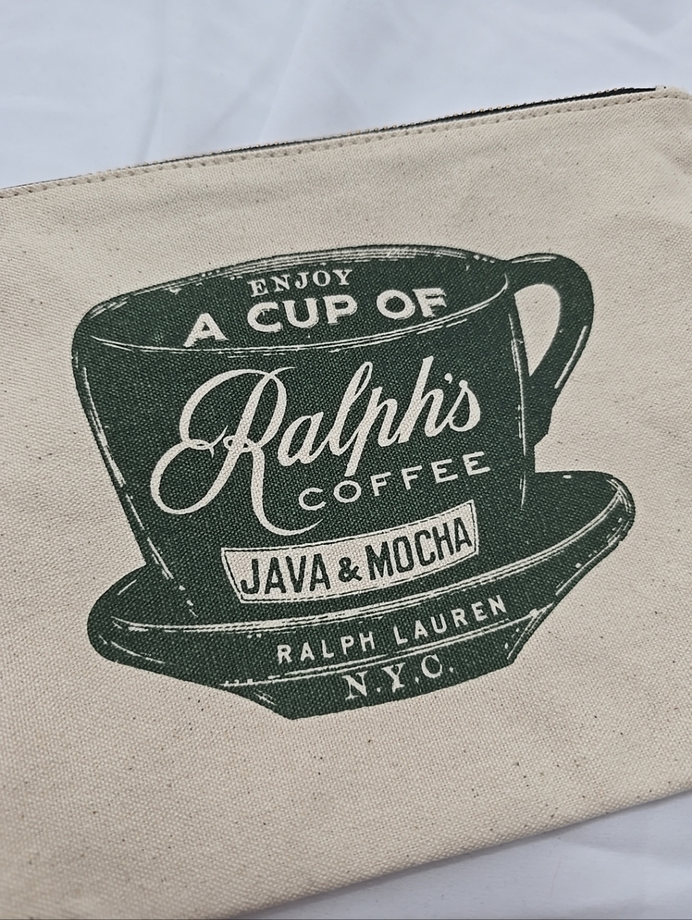 NWT Polo Ralph Lauren Ralph's Coffee Zipper Pouch Canvas Green Beige Unisex - Picture 2 of 7